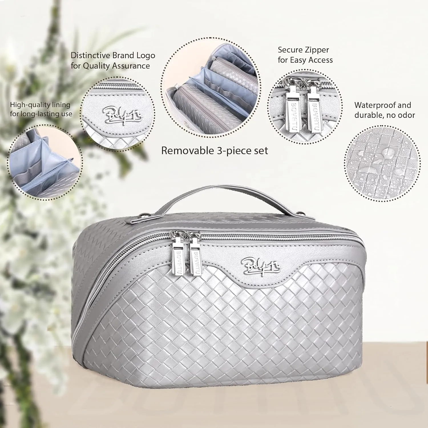 BOYATU Travel Makeup Bags for Women: Large Capacity Cosmetic Bag with Comapartments - Vegan Leather Make up Bag Set of 3 - Protable Makeup Organizer with Handle & Divider (L21 Silver)