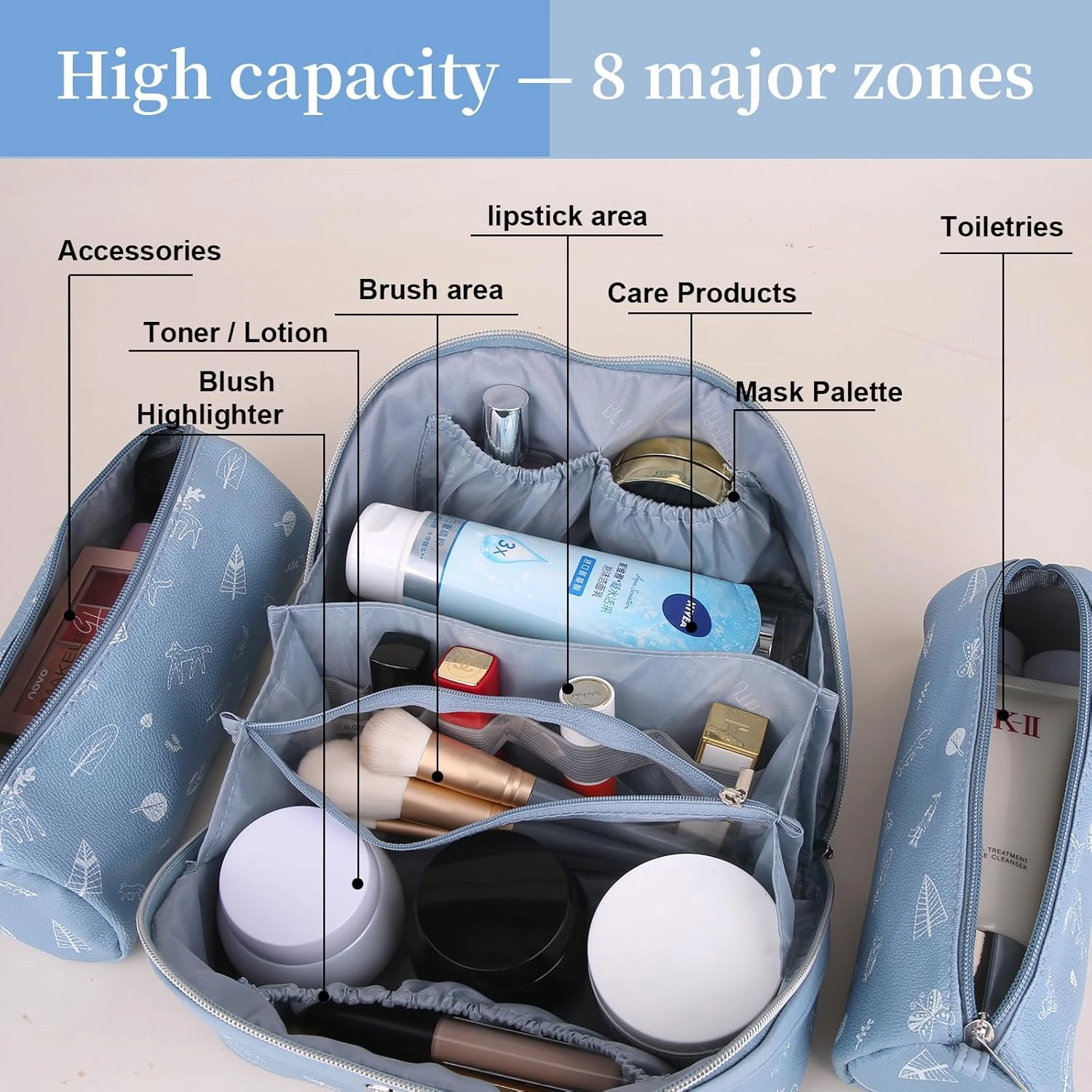 BOYATU Travel Makeup Bag Cosmetic Bags for Women: 3 Pcs Set Portable Make up Bag with Handle - Vegan Leather Toiletry Bags with Compartments - Makeup Organizer for Travel Essentials(04-Blue)