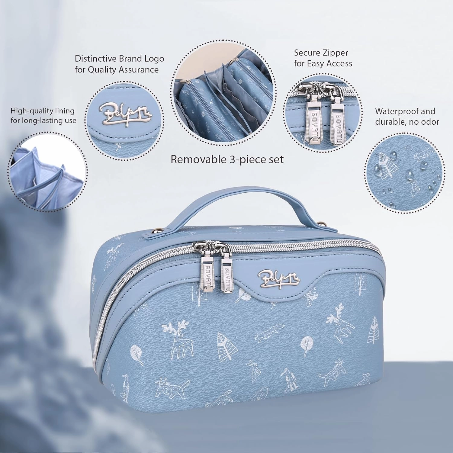 BOYATU Travel Makeup Bag Cosmetic Bags for Women: 3 Pcs Set Portable Make up Bag with Handle - Vegan Leather Toiletry Bags with Compartments - Makeup Organizer for Travel Essentials(04-Blue)