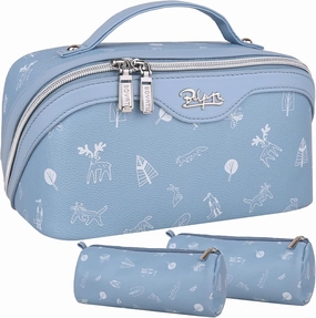 BOYATU Travel Makeup Bag Cosmetic Bags for Women: 3 Pcs Set Portable Make up Bag with Handle - Vegan Leather Toiletry Bags with Compartments - Makeup Organizer for Travel Essentials(04-Blue)