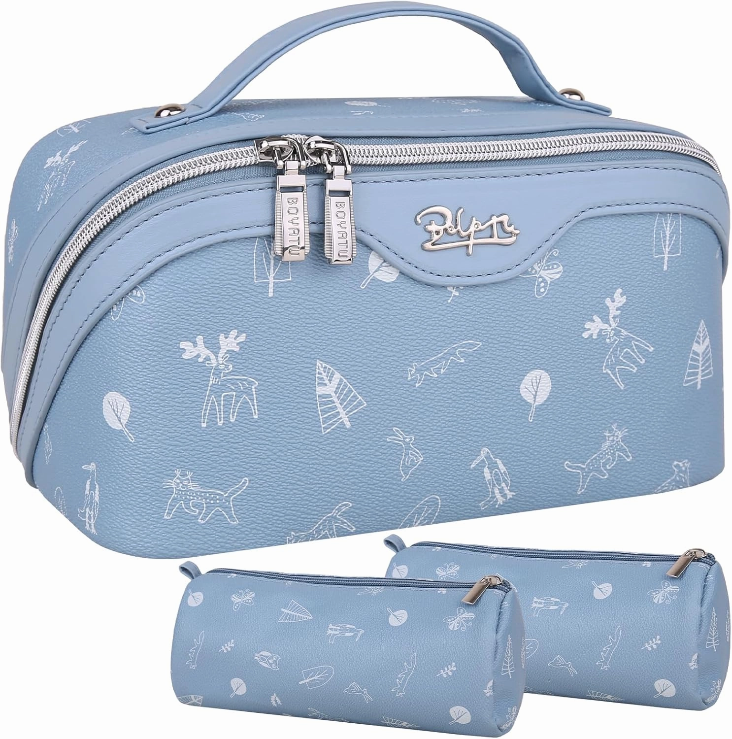 BOYATU Travel Makeup Bag Cosmetic Bags for Women: 3 Pcs Set Portable Make up Bag with Handle - Vegan Leather Toiletry Bags with Compartments - Makeup Organizer for Travel Essentials(04-Blue)