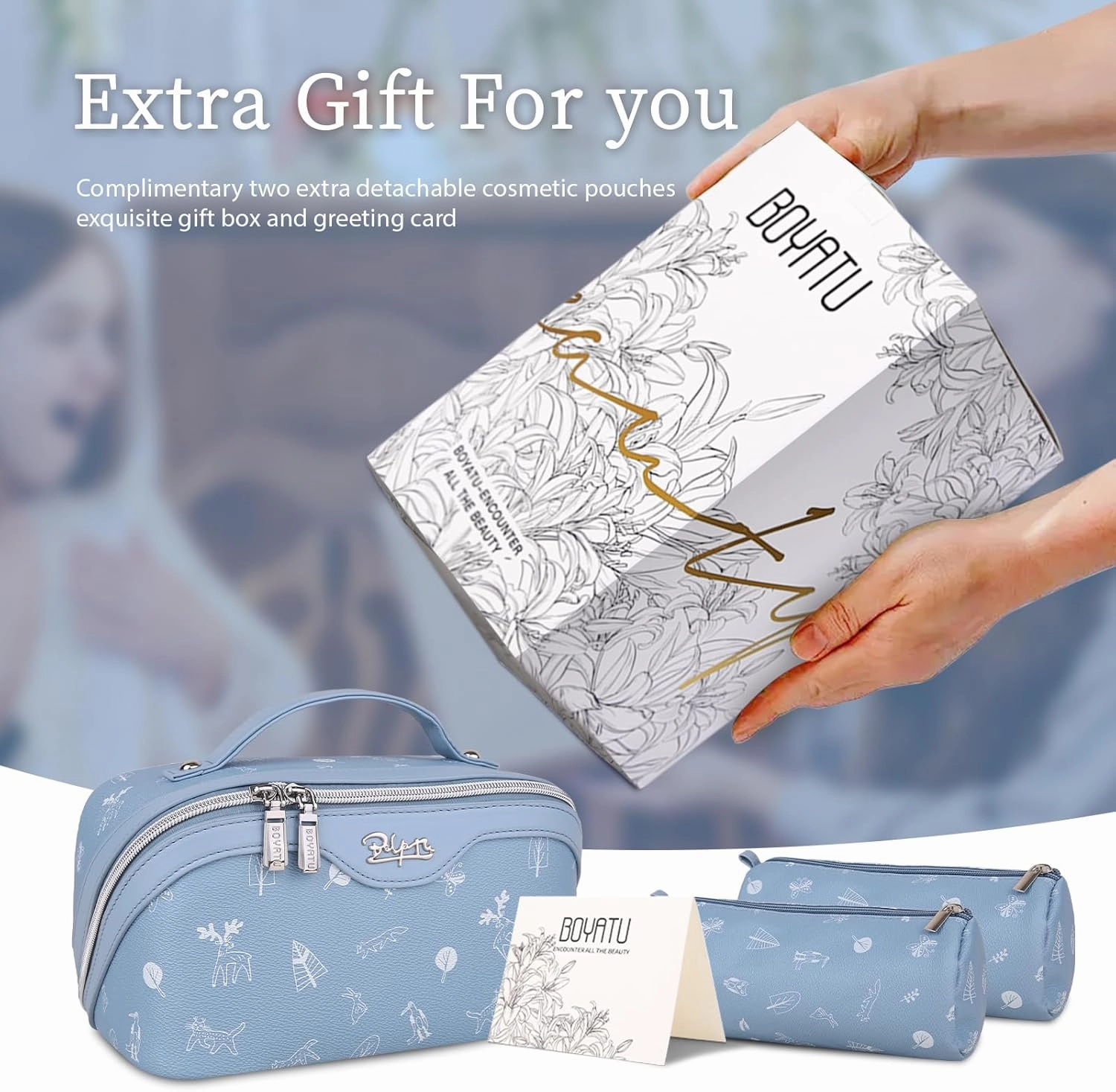 BOYATU Travel Makeup Bag Cosmetic Bags for Women: 3 Pcs Set Portable Make up Bag with Handle - Vegan Leather Toiletry Bags with Compartments - Makeup Organizer for Travel Essentials(04-Blue)