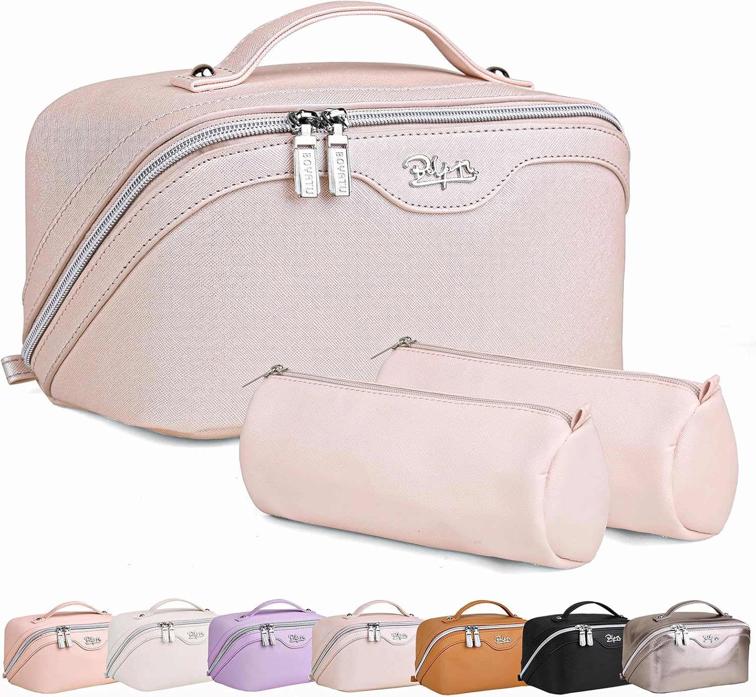 BOYATU Travel Makeup Bags for Women: Vegan Leather Cosmetic Bag Set of 3 - Large Capacity Make up Bag with Divider - Wide Open Waterproof Toiletry Organizer Bag with Handle (05-Gold)