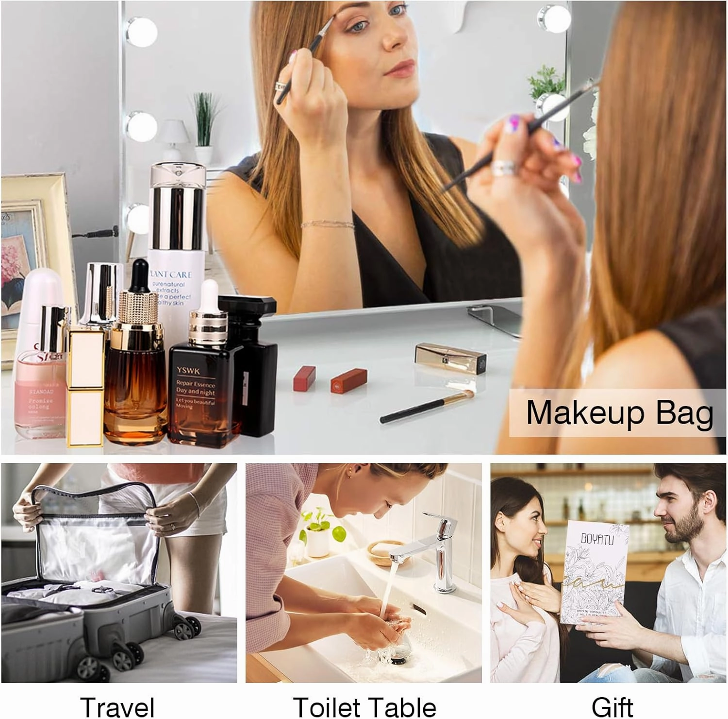 BOYATU Travel Makeup Bags for Women: Vegan Leather Cosmetic Bag Set of 3 - Large Capacity Make up Bag with Divider - Wide Open Waterproof Toiletry Organizer Bag with Handle (05-Gold)