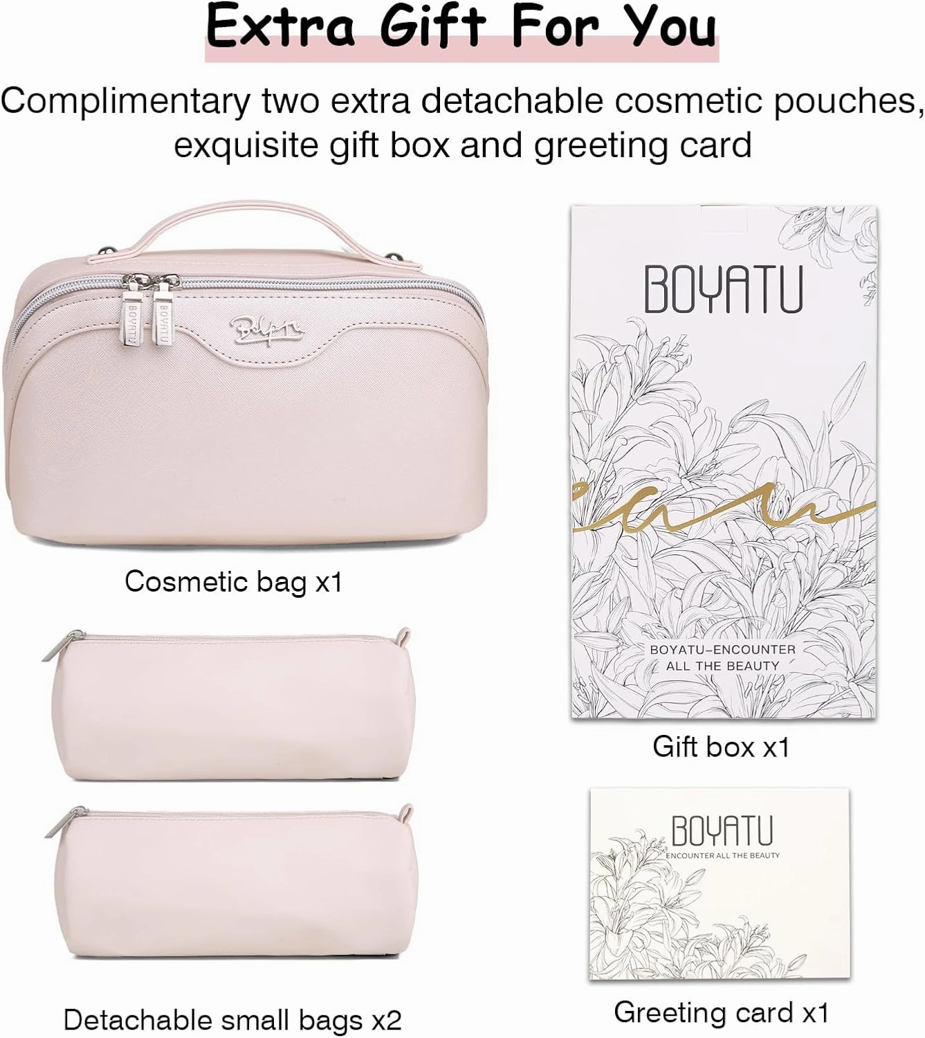 BOYATU Travel Makeup Bags for Women: Vegan Leather Cosmetic Bag Set of 3 - Large Capacity Make up Bag with Divider - Wide Open Waterproof Toiletry Organizer Bag with Handle (05-Gold)