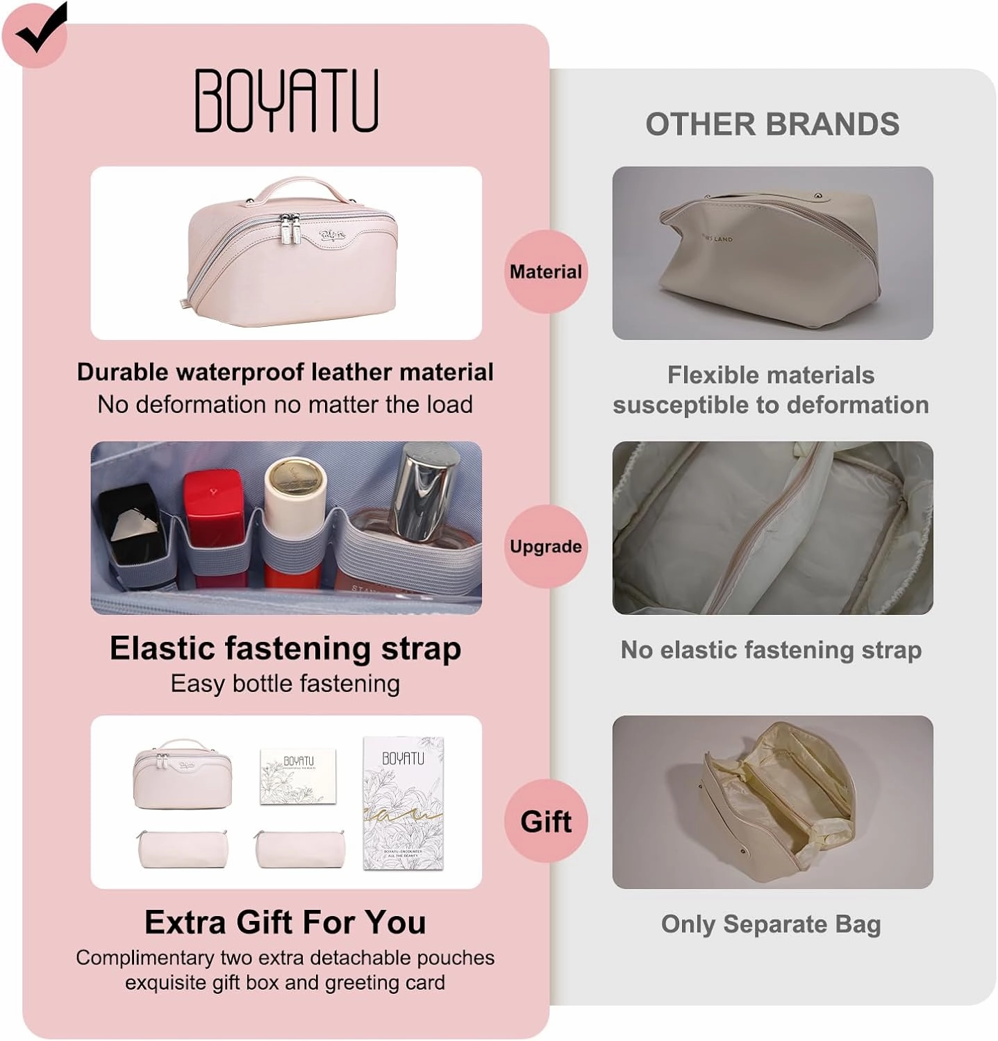 BOYATU Travel Makeup Bags for Women: Vegan Leather Cosmetic Bag Set of 3 - Large Capacity Make up Bag with Divider - Wide Open Waterproof Toiletry Organizer Bag with Handle (05-Gold)
