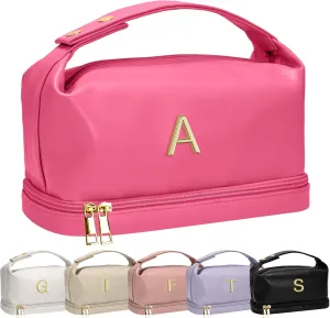 Bridal Party Gifts, Makeup Bags for Women with Handle, Initial Double Layer Cosmetic Bag with Makeup Brush Organizer, Cute Cosmetic Pouch for Women, Gifts for Teen Girls Mom