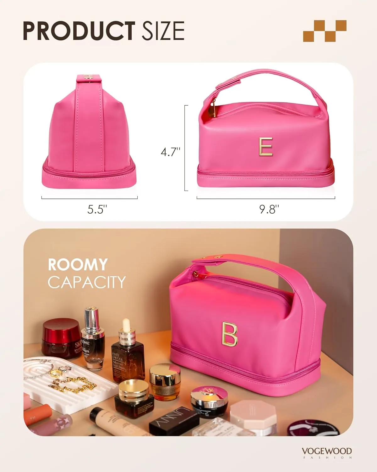 Bridal Party Gifts, Makeup Bags for Women with Handle, Initial Double Layer Cosmetic Bag with Makeup Brush Organizer, Cute Cosmetic Pouch for Women, Gifts for Teen Girls Mom