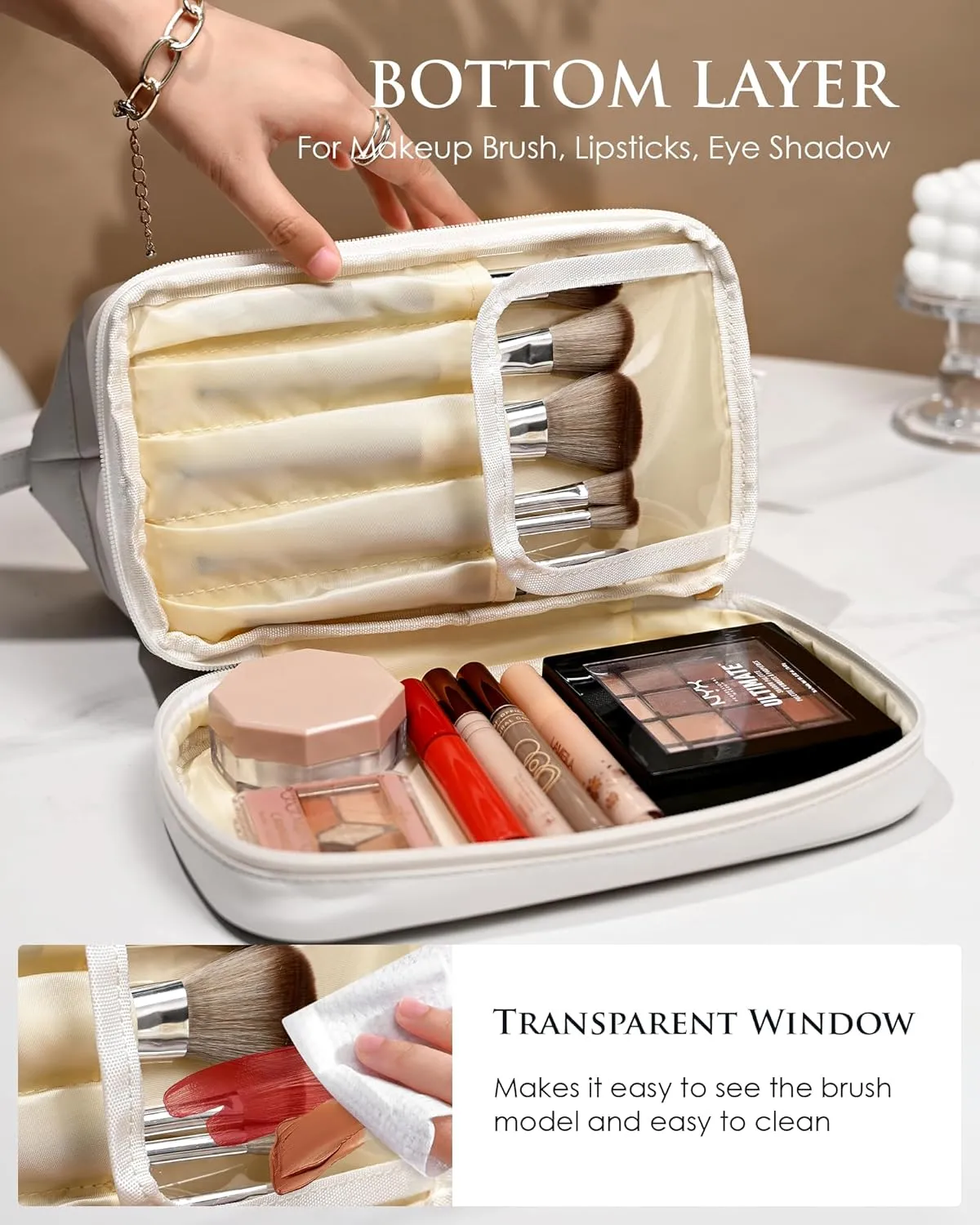 Bridal Shower Gifts, Graduation Gifts, Initial Makeup Bag, Women Gifts, Personalized Double Layer Cosmetic Bag with Makeup Brush Organizer, Toiletry Bag Mothers Day Gifts