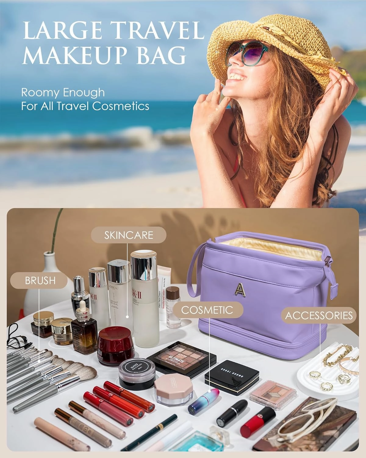 Bridesmaid Gift, Initial Makeup Bags, Personalized Double Layer Cosmetic Bag with Makeup Brush Organizer, Waterproof, Large Capacity PU Leather Travel Toiletry Bag