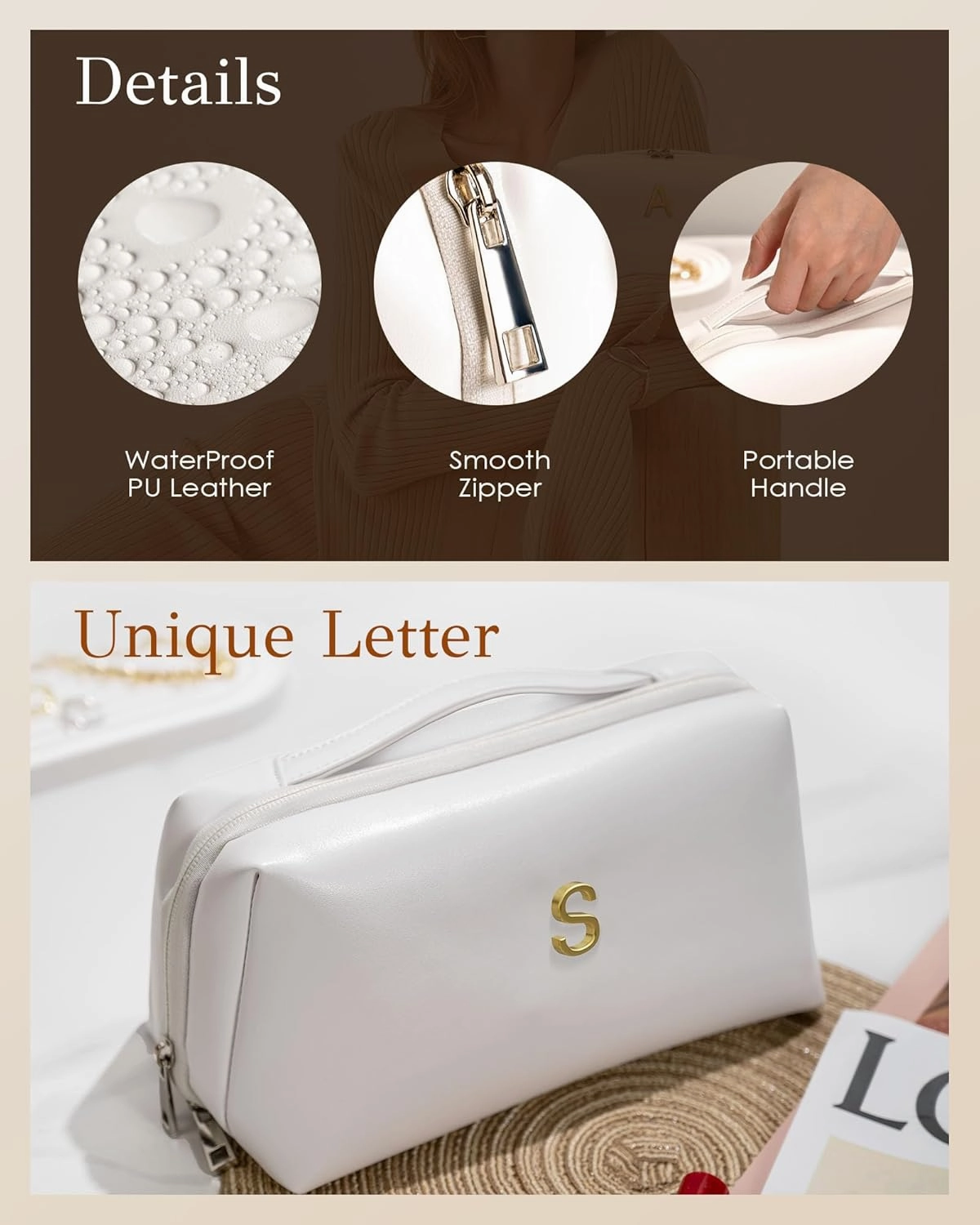 Bridesmaid Proposal Gifts, Cosmetic Bag with Initial, Popular Bridal Shower Gifts, Bachelorette Gifts from Bride, Makeup Bag with Letter, Wide Open Toiletry Bag, Travel Gifts for Women Teen Girl