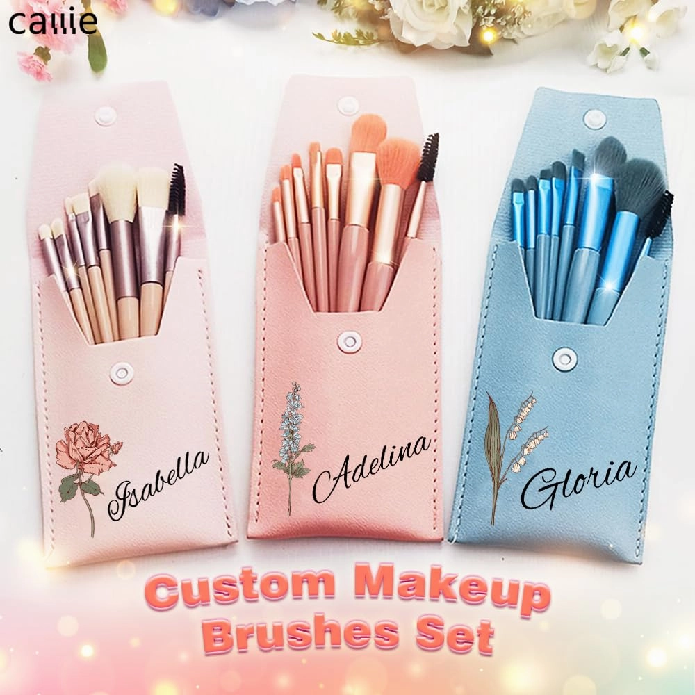 callie Personalized Makeup Brush Set, Custom Birth Flower Travel Cosmetic Makeup Brush Set with Bag Holder Case, Birthday Gift for Women (8 Brushes)
