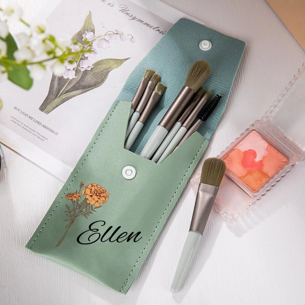 callie Personalized Makeup Brush Set, Custom Birth Flower Travel Cosmetic Makeup Brush Set with Bag Holder Case, Birthday Gift for Women (8 Brushes)