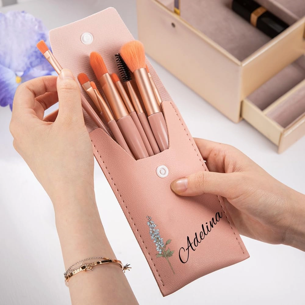 callie Personalized Makeup Brush Set, Custom Birth Flower Travel Cosmetic Makeup Brush Set with Bag Holder Case, Birthday Gift for Women (8 Brushes)
