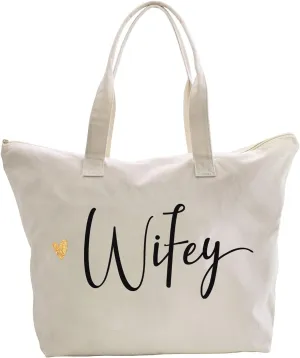 CARAKNOTS Wifey Bag Bride Gifts for Wedding Bridal Shower Engagement Anniversary Bachelorette Party Gifts for Bride to be Wife Canvas Beach Shoulder Tote Bag with Zip and Pocket