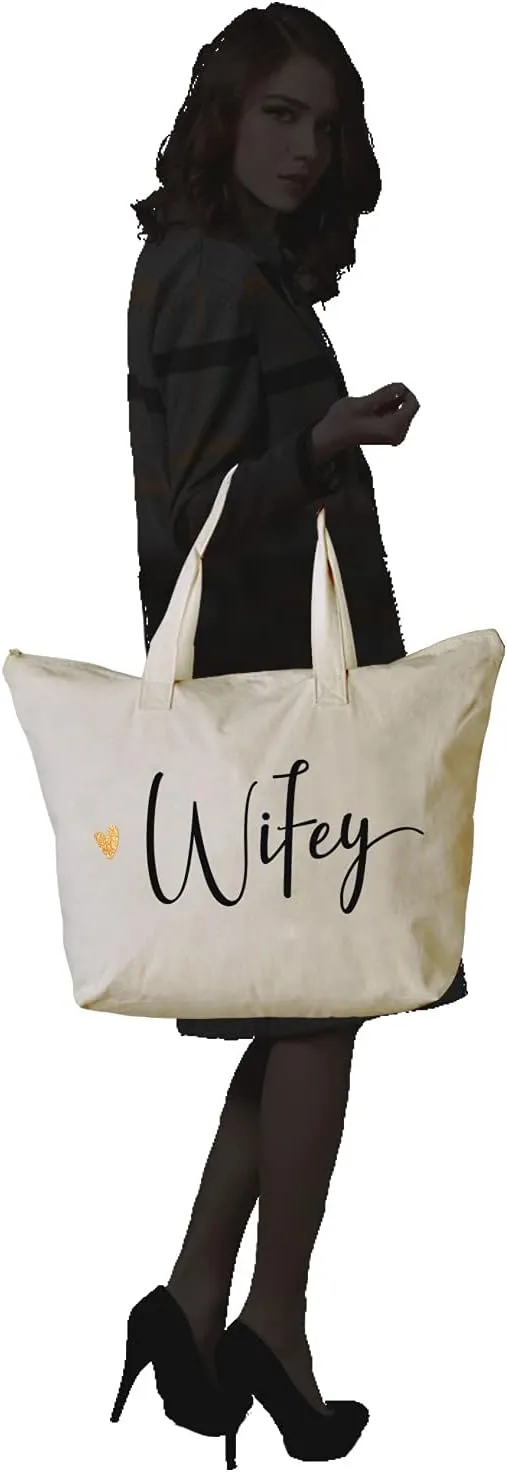 CARAKNOTS Wifey Bag Bride Gifts for Wedding Bridal Shower Engagement Anniversary Bachelorette Party Gifts for Bride to be Wife Canvas Beach Shoulder Tote Bag with Zip and Pocket