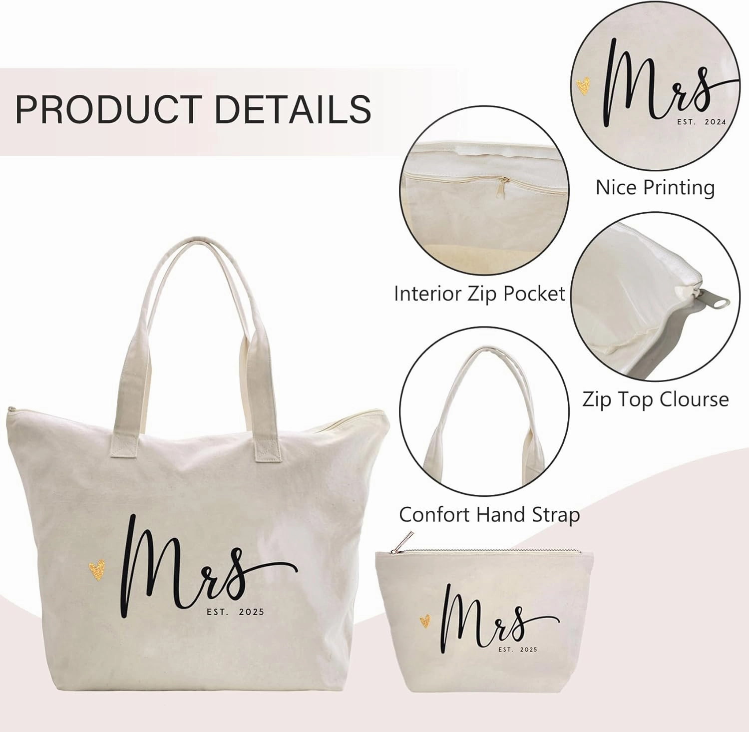 CARAKNOTS Future Mrs. Bag 2025 Bride Gifts for Wedding Bachelorette Engagement Party Accessories Bridal Shower Gifts for Bride to Be Tote Cotton Beach Shoulder Bag with Zipper and Pocket 2 Pcs