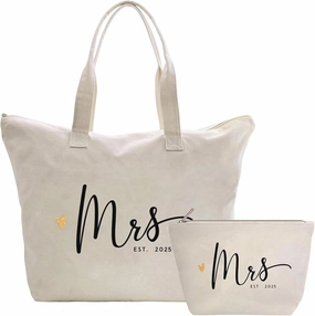 CARAKNOTS Future Mrs. Bag 2025 Bride Gifts for Wedding Bachelorette Engagement Party Accessories Bridal Shower Gifts for Bride to Be Tote Cotton Beach Shoulder Bag with Zipper and Pocket 2 Pcs