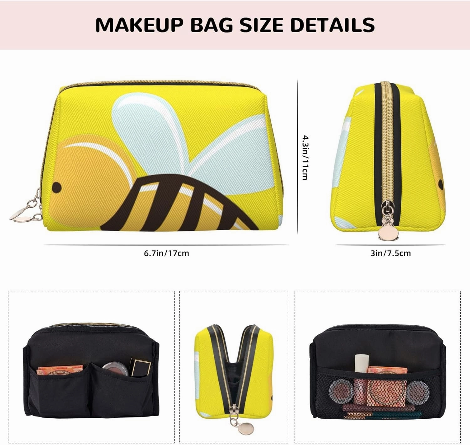 Cartoon Bee Toiletry Pouch, Travel-Friendly Makeup Organizer For Makeup Brushes, Lipsticks