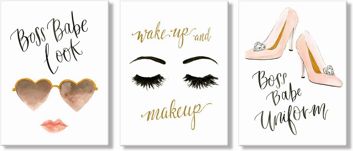 Chadow Artwork Fashion Women Canvas Wall Art Fashion Makeup Art High Heels Print Painting Eyelash Pictures for Women Girl Room Beauty Salon Decoration