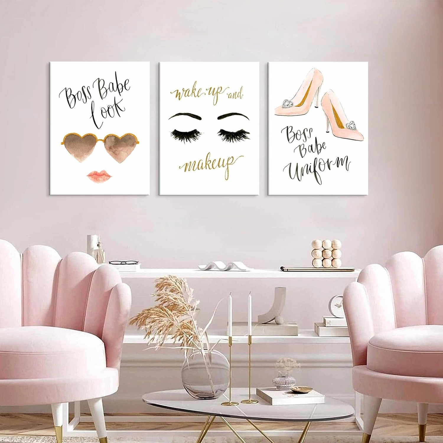 Chadow Artwork Fashion Women Canvas Wall Art Fashion Makeup Art High Heels Print Painting Eyelash Pictures for Women Girl Room Beauty Salon Decoration
