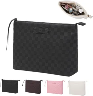 Checkered Makeup Bag Large Capacity Makeup Pouch Travel Cosmetic Bag for Women Cosmetics Skincare Care Organizer with Compartments (Black Checkered)