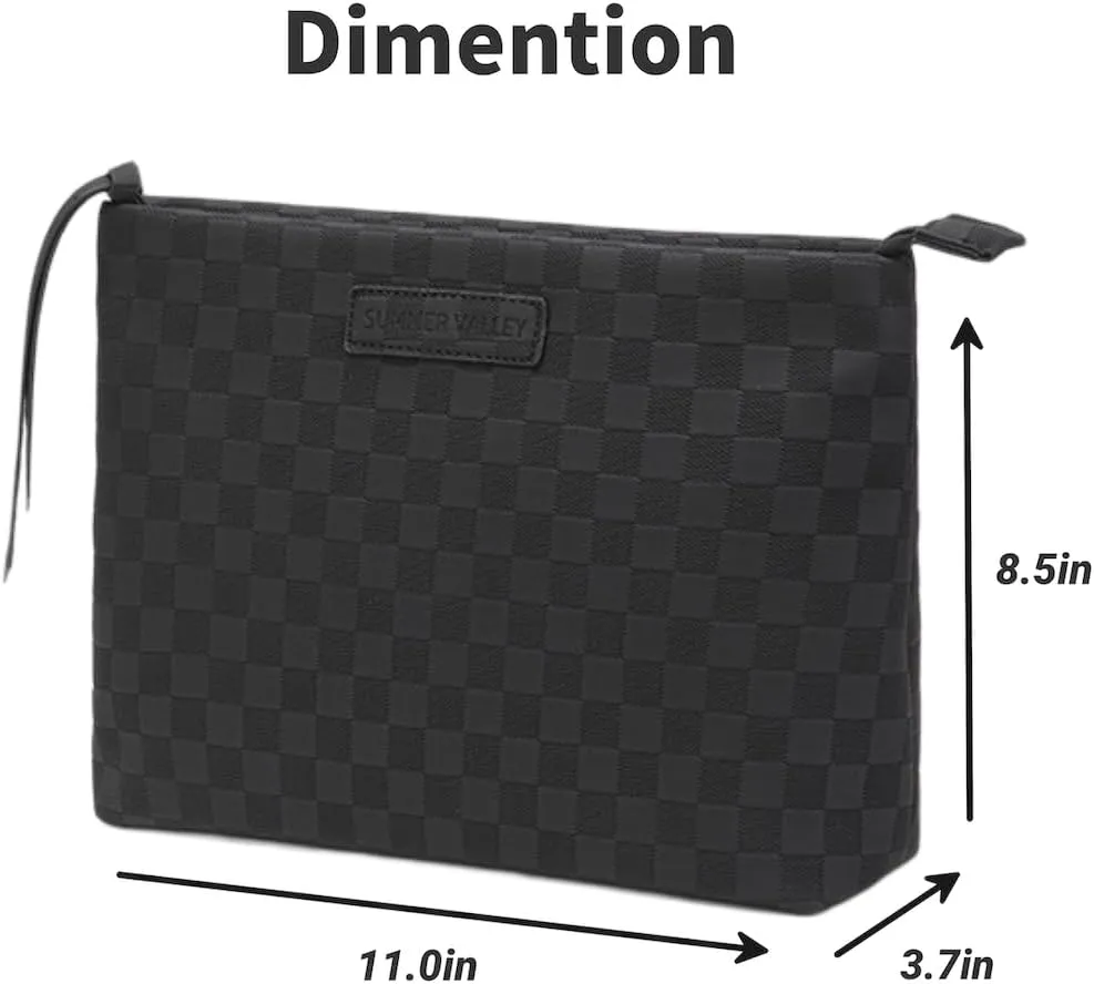 Checkered Makeup Bag Large Capacity Makeup Pouch Travel Cosmetic Bag for Women Cosmetics Skincare Care Organizer with Compartments (Black Checkered)