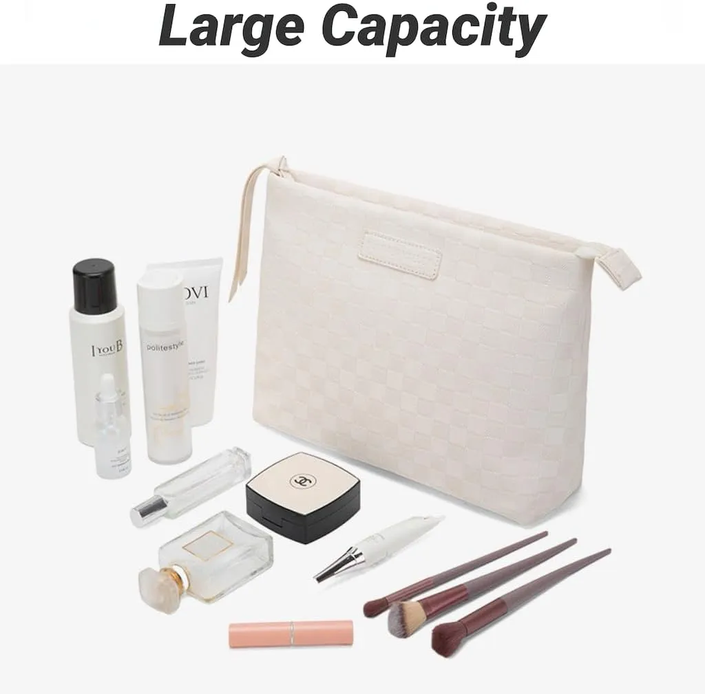 Checkered Makeup Bag Large Capacity Makeup Pouch Travel Cosmetic Bag for Women Cosmetics Skincare Care Organizer with Compartments (Black Checkered)