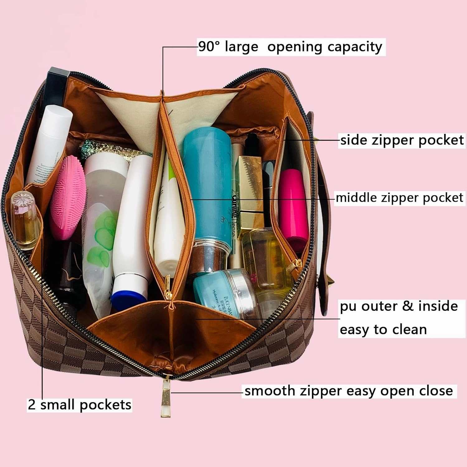 Checkered Makeup Bag Large Cosmetic Bag PU Leather Makeup Bag For Women Girls Travel Toiletry Bag With Handle Divider Large Opening Metal Zipper Cosmetic Bag (checkered brown)