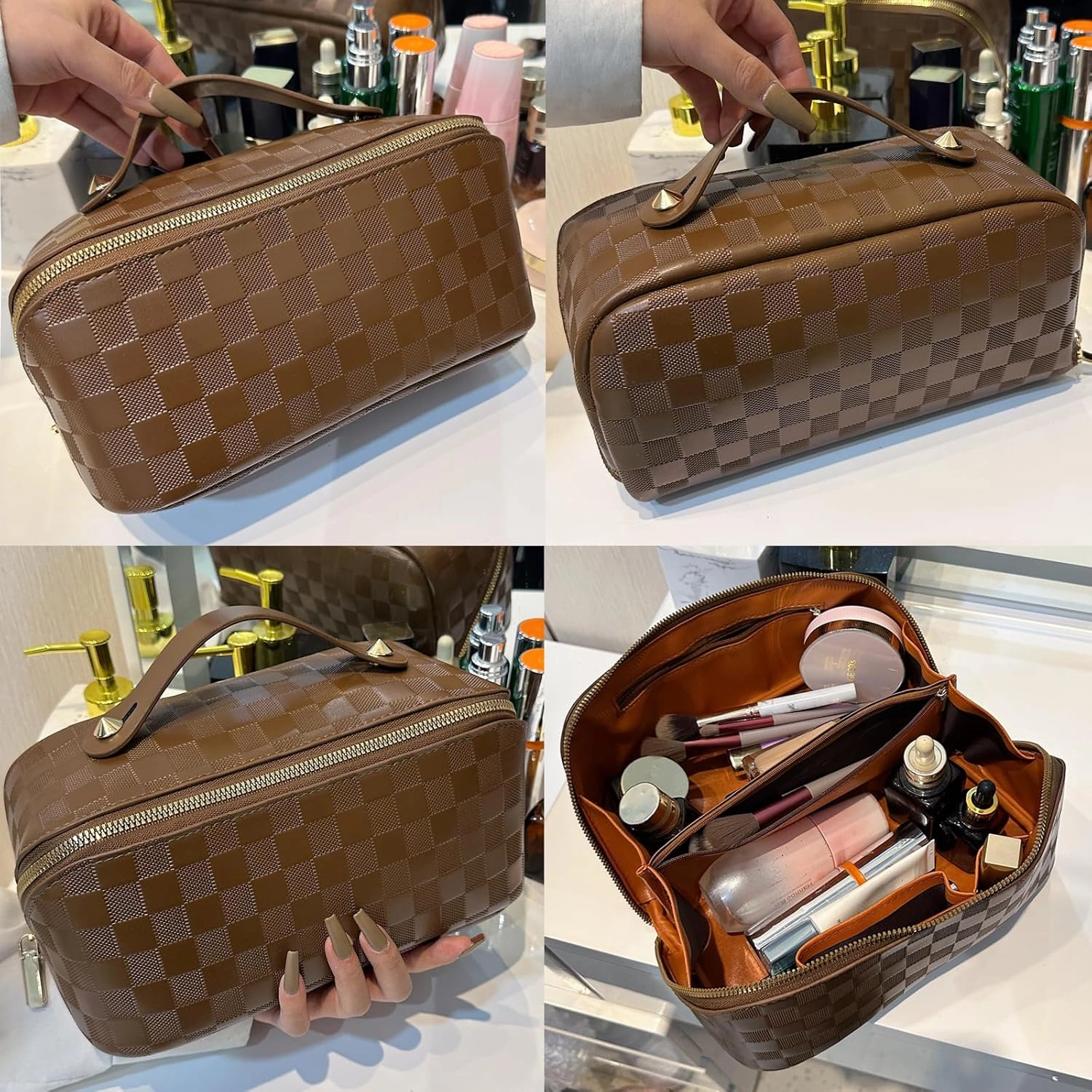 Checkered Makeup Bag Large Cosmetic Bag PU Leather Makeup Bag For Women Girls Travel Toiletry Bag With Handle Divider Large Opening Metal Zipper Cosmetic Bag (checkered brown)