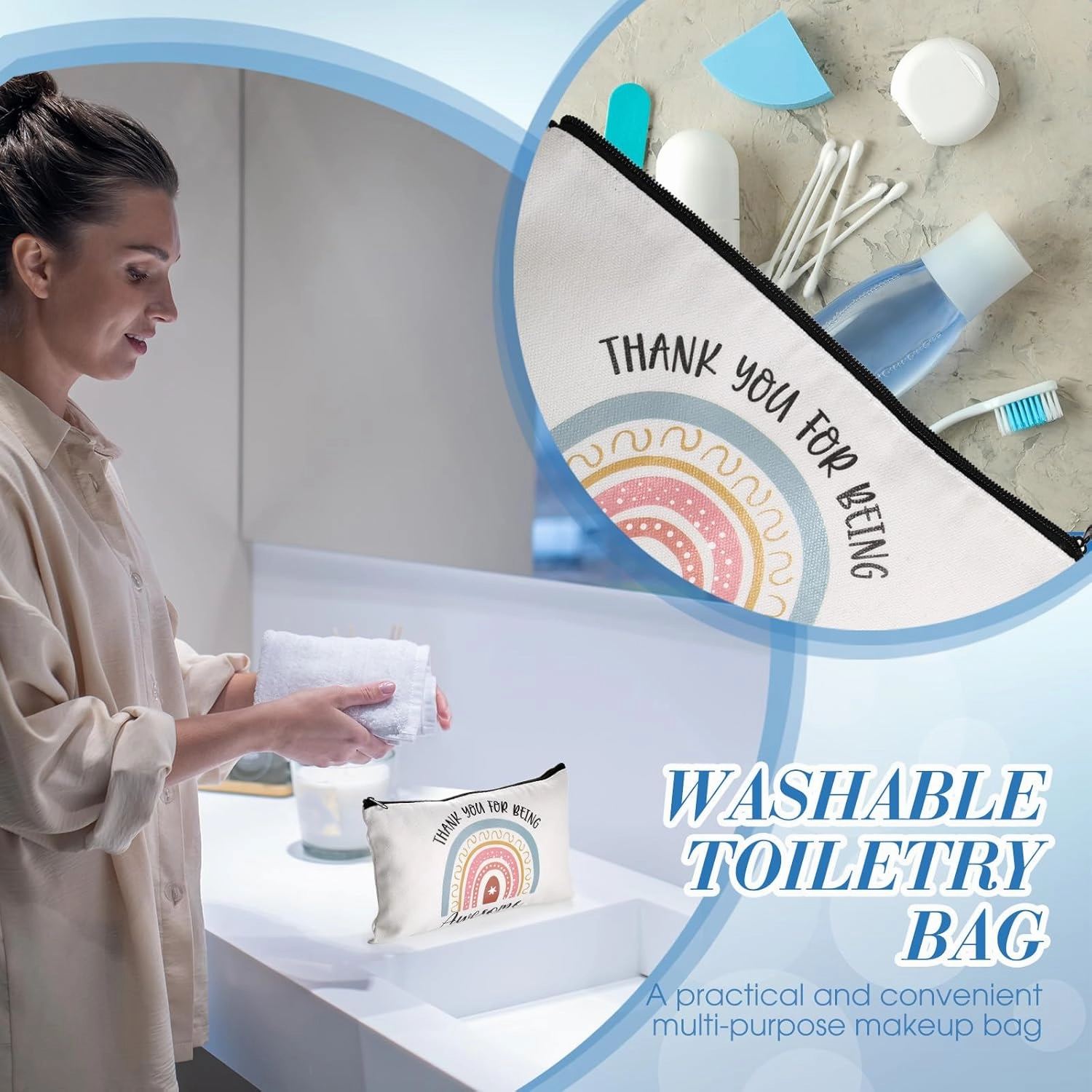 Chunful 10 Pieces Inspirational Canvas Makeup Bags for Women Graduation Gift Rainbow Canvas Cosmetic Bags Bulk with Zipper Friendship Gift Travel Toiletry Pouch(Awesome)