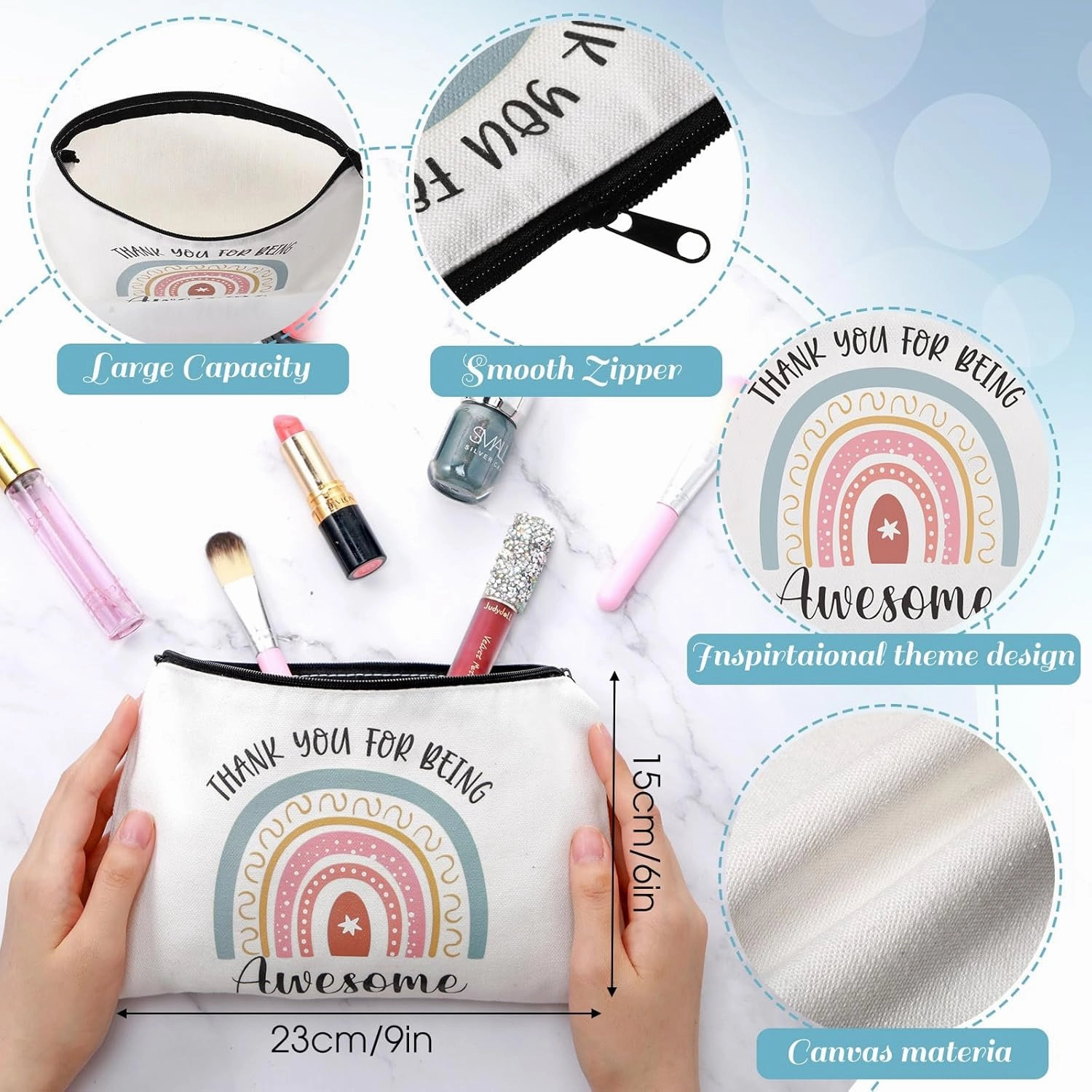 Chunful 10 Pieces Inspirational Canvas Makeup Bags for Women Graduation Gift Rainbow Canvas Cosmetic Bags Bulk with Zipper Friendship Gift Travel Toiletry Pouch(Awesome)