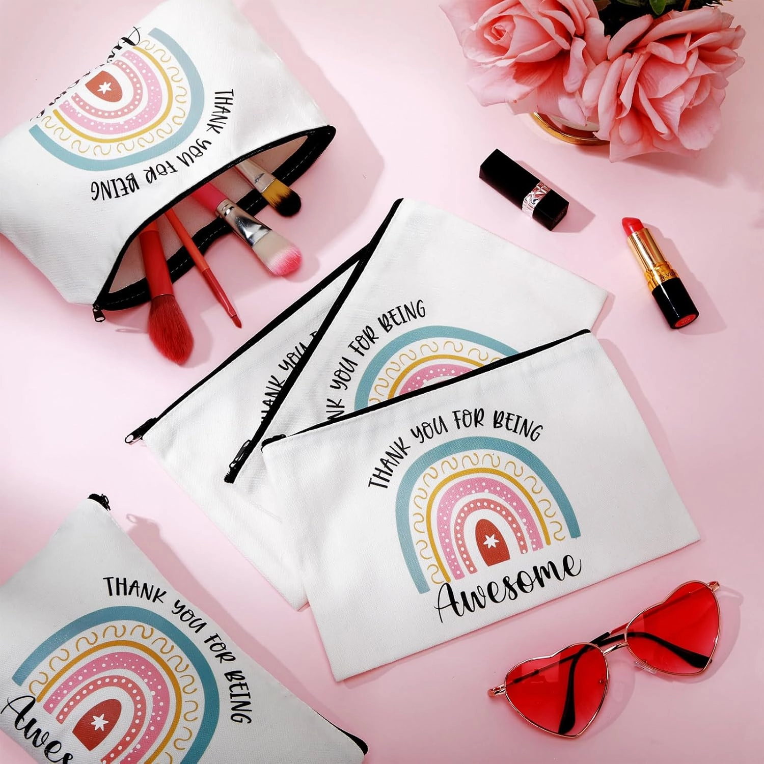Chunful 10 Pieces Inspirational Canvas Makeup Bags for Women Graduation Gift Rainbow Canvas Cosmetic Bags Bulk with Zipper Friendship Gift Travel Toiletry Pouch(Awesome)