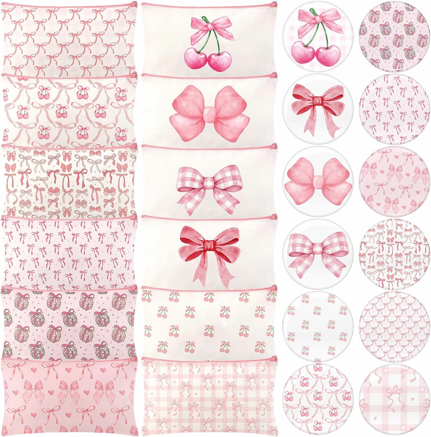 Chunful 24 Pcs Pink Coquette Bow Party Favors 12 Pink Bow Canvas Makeup Bags 12 Coquette Aesthetic Compact Mirror Bulk Zipper Pouch Round Pocket Mirrors for Women Guests Quinceanera Party Favors