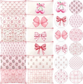 Chunful 24 Pcs Pink Coquette Bow Party Favors 12 Pink Bow Canvas Makeup Bags 12 Coquette Aesthetic Compact Mirror Bulk Zipper Pouch Round Pocket Mirrors for Women Guests Quinceanera Party Favors