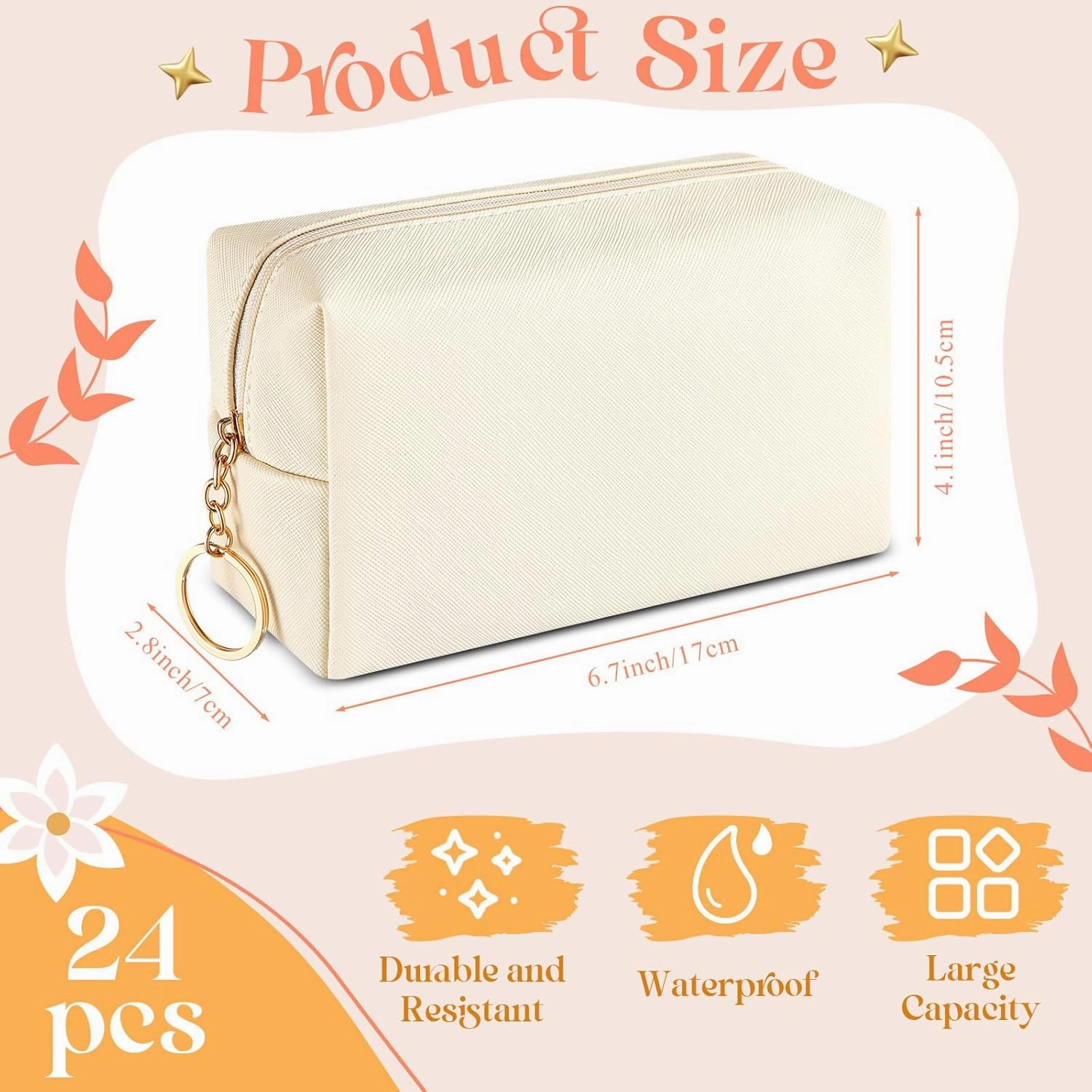 Chunful 24 Pcs Preppy Makeup Bag PU Leather Cosmetic Bag Bulk Makeup Plain Pouch Waterproof Toiletry Purse for Women Traveling Preppy Pencil Case Travel Purse Cosmetic(Beige)