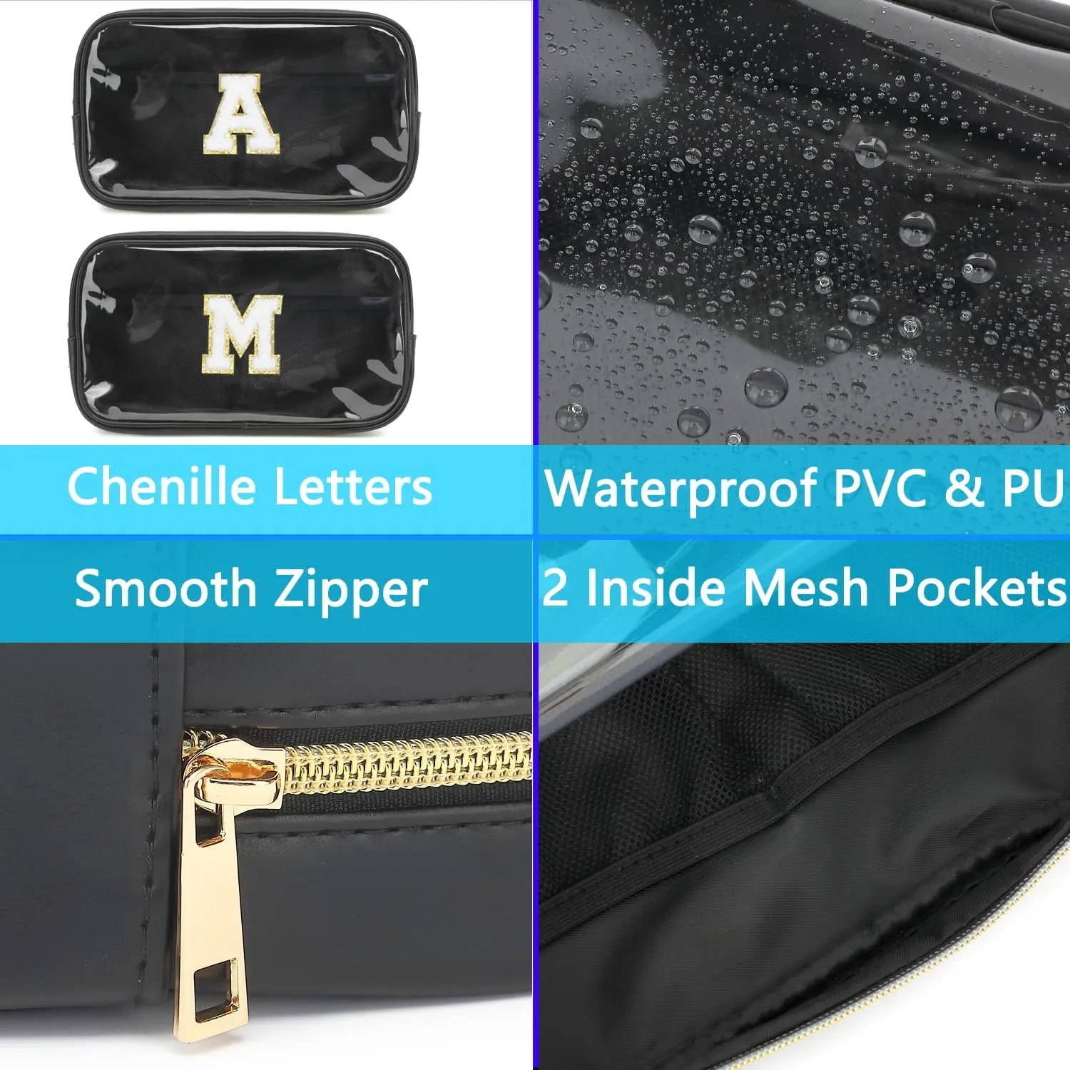 Clear Makeup Bag with 2 Customizable Chenille Letters - Waterproof PU Leather Cosmetic Case, Large Personalized Toiletry Pouch for Women & Teens, Ideal for Travel & Gift