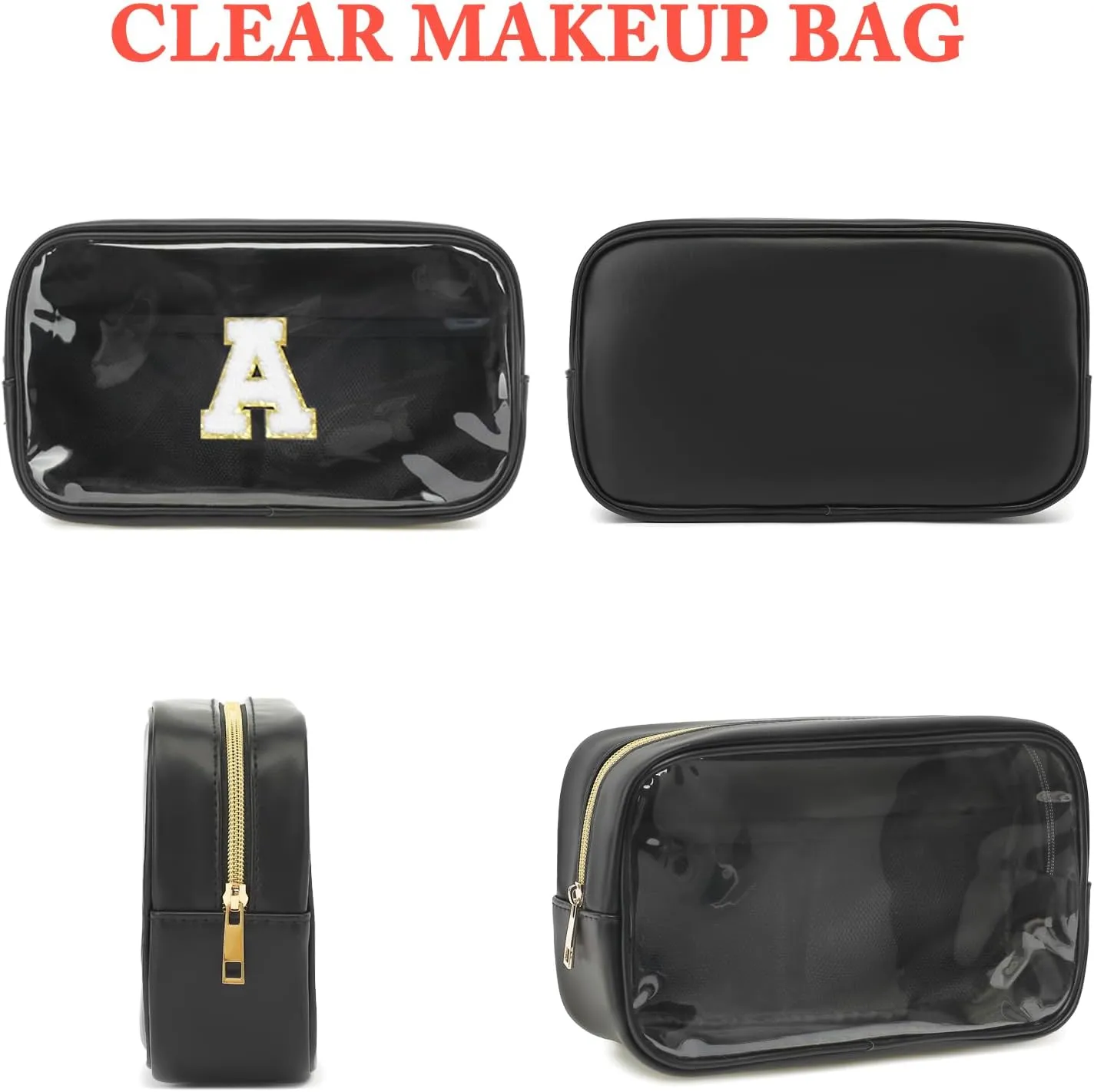Clear Makeup Bag with 2 Customizable Chenille Letters - Waterproof PU Leather Cosmetic Case, Large Personalized Toiletry Pouch for Women & Teens, Ideal for Travel & Gift