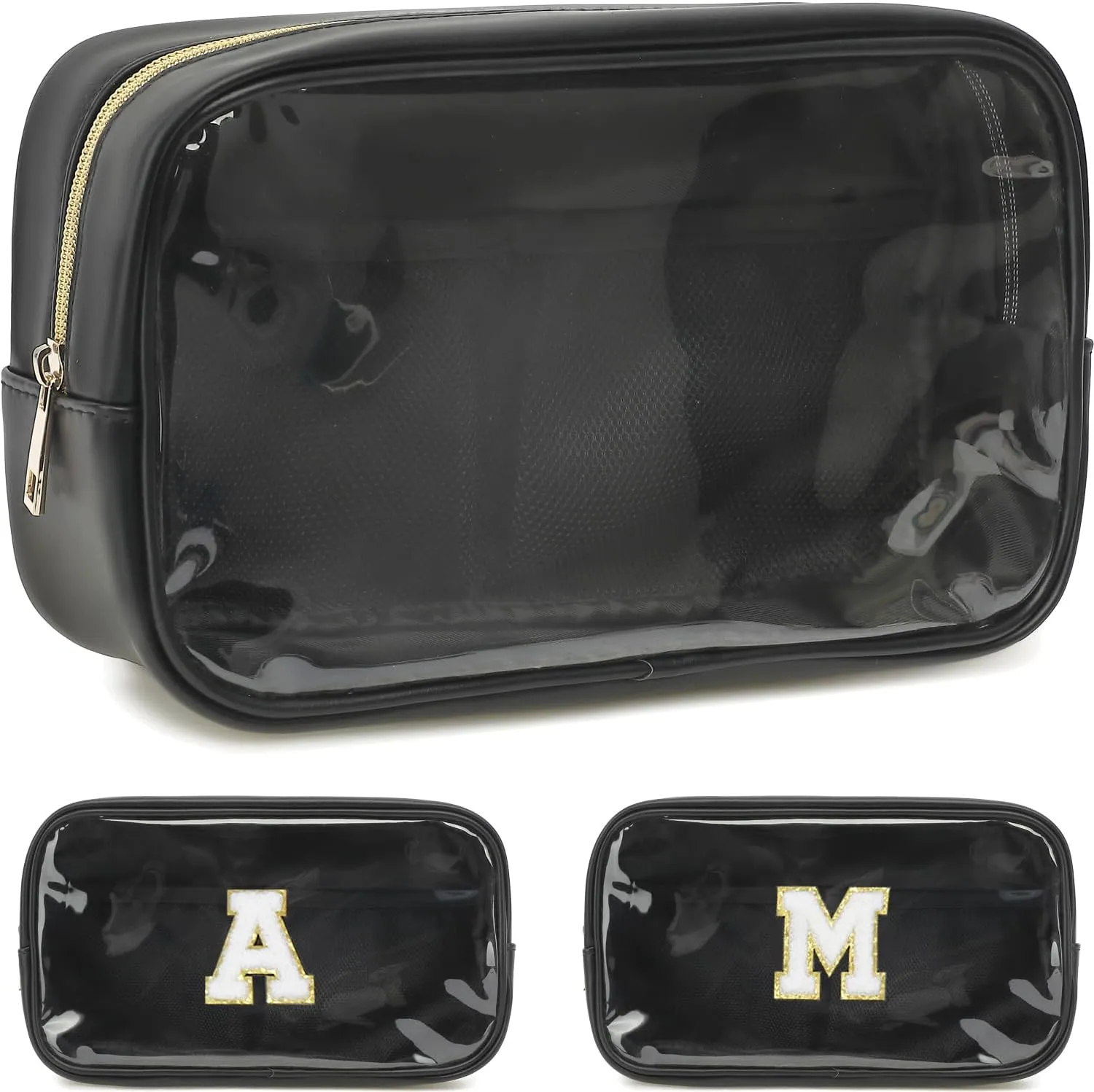 Clear Makeup Bag with 2 Customizable Chenille Letters - Waterproof PU Leather Cosmetic Case, Large Personalized Toiletry Pouch for Women & Teens, Ideal for Travel & Gift
