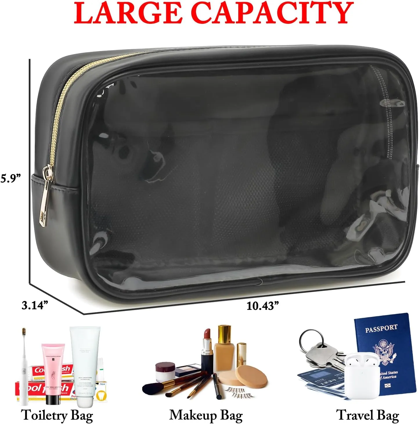 Clear Makeup Bag with 2 Customizable Chenille Letters - Waterproof PU Leather Cosmetic Case, Large Personalized Toiletry Pouch for Women & Teens, Ideal for Travel & Gift