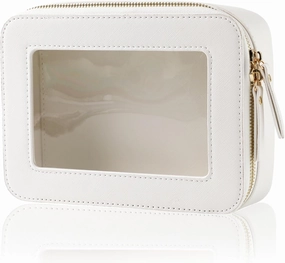 Clear Makeup Case, Durable Saffiano Faux Leather Travel Cosmetic Bag, Toiletry Bag with Visual Window & Dual Zippers, Travel Essentials for Women (White, Medium)