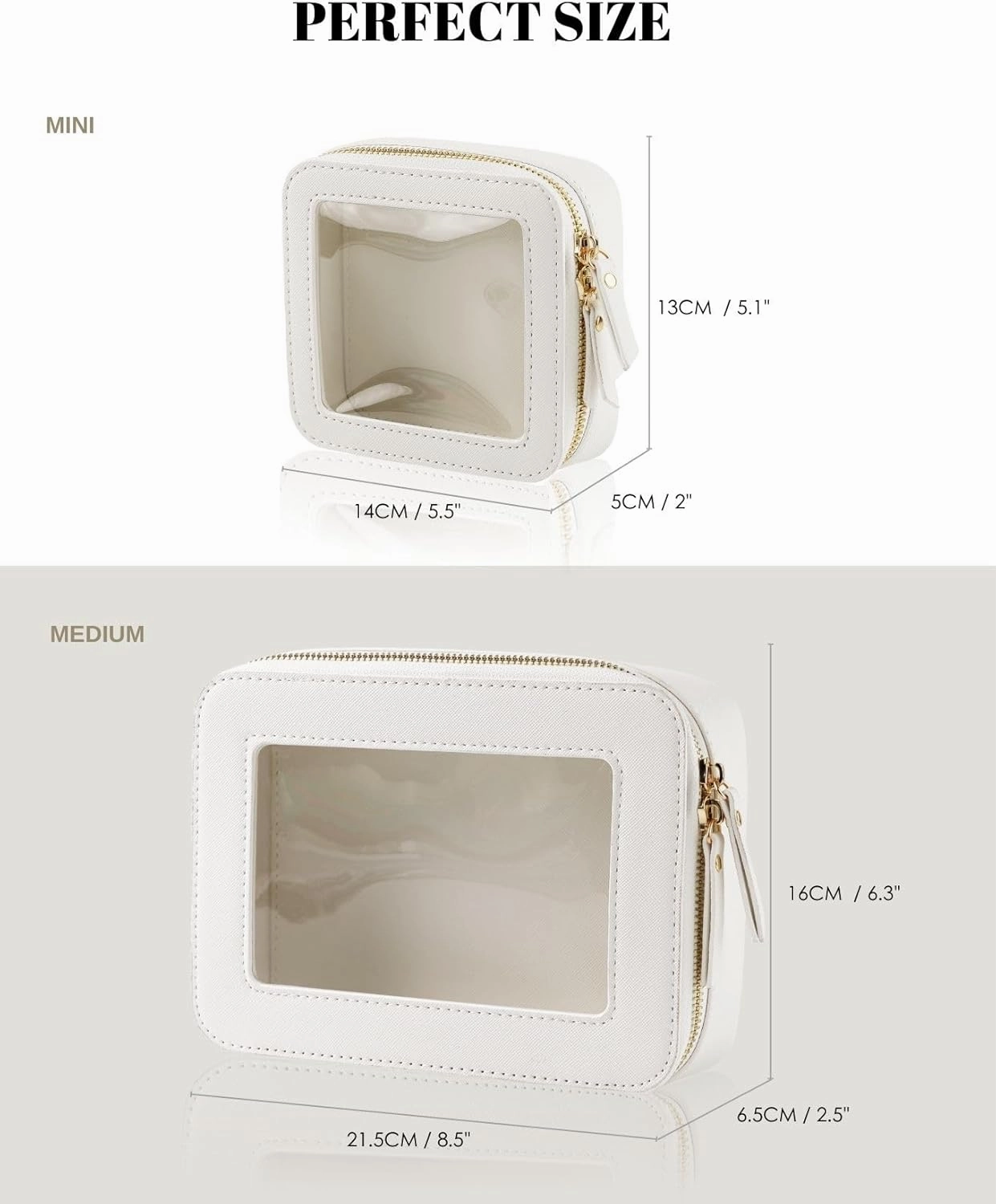 Clear Makeup Case, Durable Saffiano Faux Leather Travel Cosmetic Bag, Toiletry Bag with Visual Window & Dual Zippers, Travel Essentials for Women (White, Medium)
