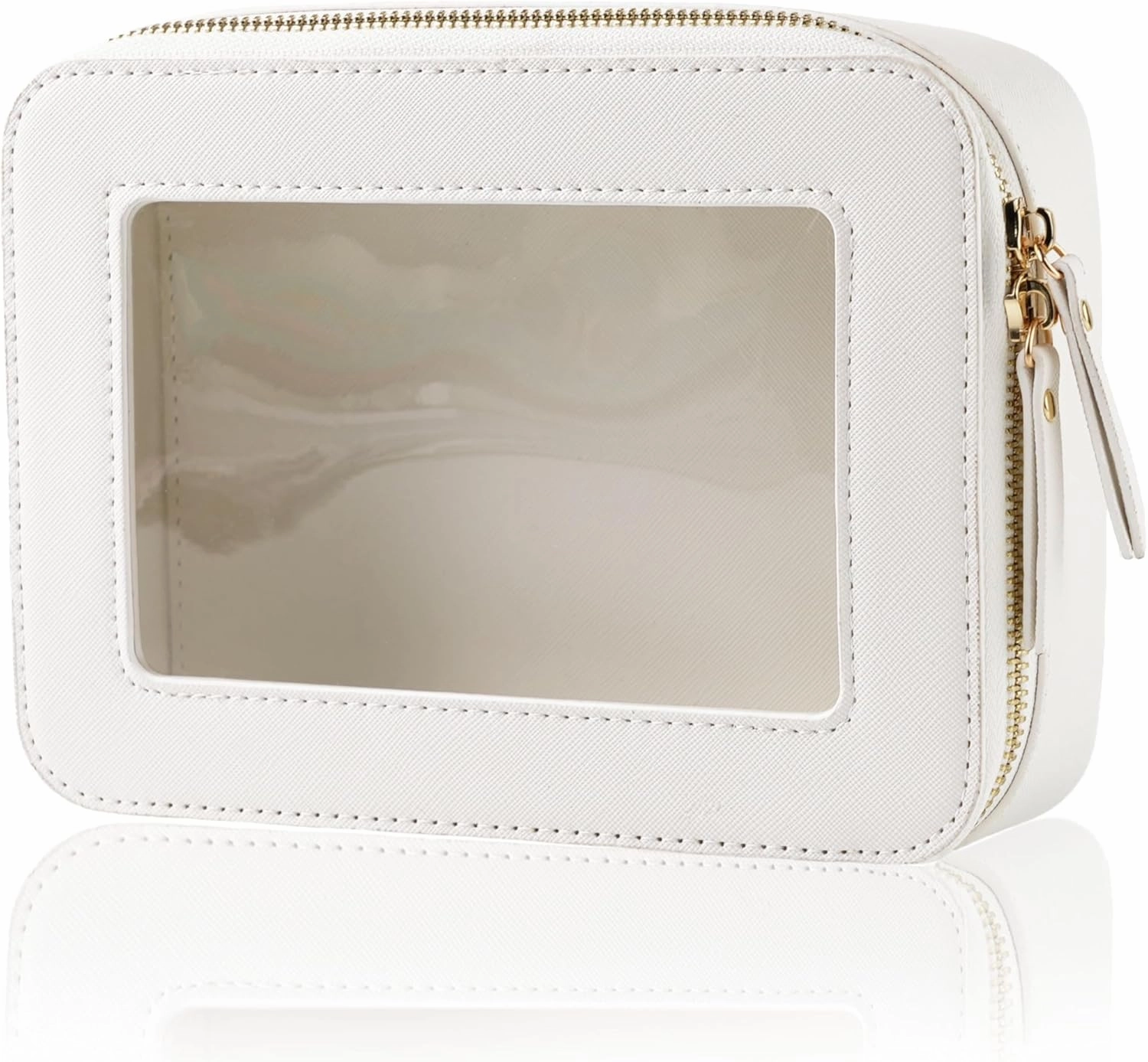 Clear Makeup Case, Durable Saffiano Faux Leather Travel Cosmetic Bag, Toiletry Bag with Visual Window & Dual Zippers, Travel Essentials for Women (White, Medium)