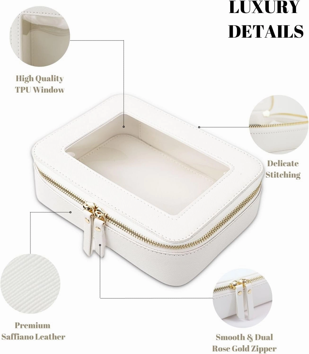 Clear Makeup Case, Durable Saffiano Faux Leather Travel Cosmetic Bag, Toiletry Bag with Visual Window & Dual Zippers, Travel Essentials for Women (White, Medium)