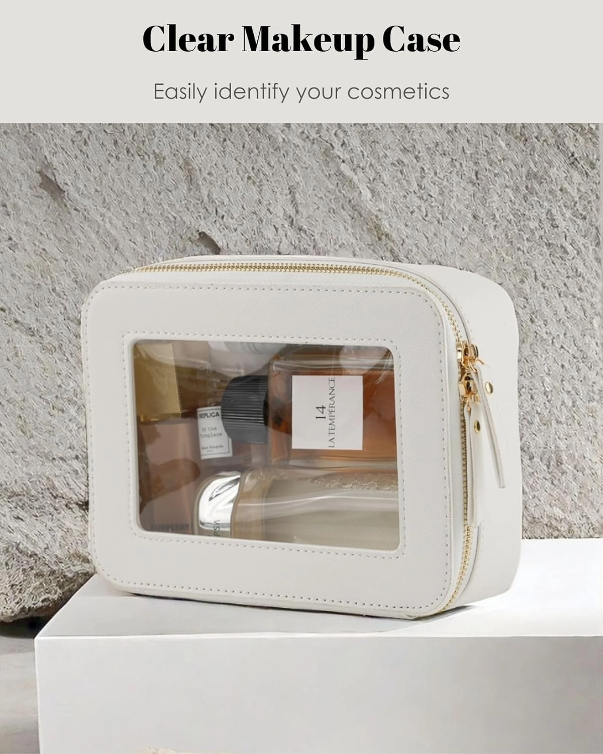 Clear Makeup Case, Durable Saffiano Faux Leather Travel Cosmetic Bag, Toiletry Bag with Visual Window & Dual Zippers, Travel Essentials for Women (White, Medium)