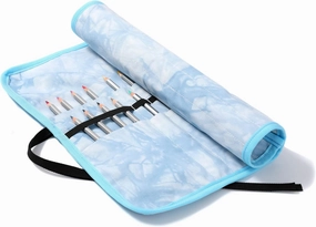 Colored Brush Roll with Canvas Strap - Pencil Case Tie Dye Print 22 Slots - Large Capacity Polyester Pen Organizer for Watercolor Pens or Markers(Blue)