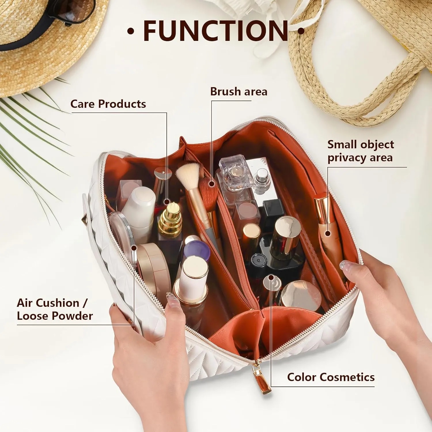 Cosmetic Makeup Bag, Large Capacity Travel Toiletry Bag for Women, Leather Waterproof Portable Wide-Open Pouch Flat Makeup Organizer, White Make Up Bag with Divider and Handle