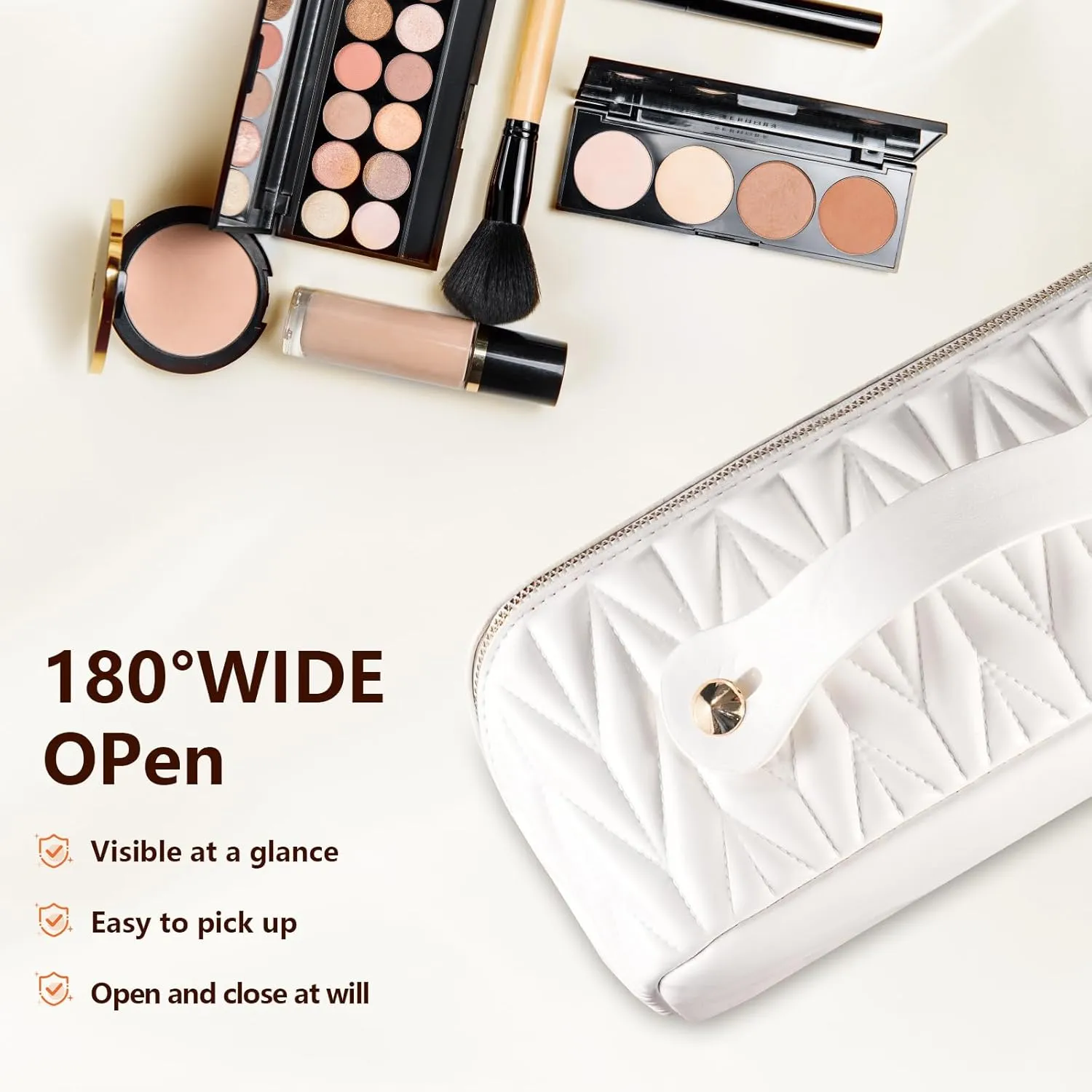 Cosmetic Makeup Bag, Large Capacity Travel Toiletry Bag for Women, Leather Waterproof Portable Wide-Open Pouch Flat Makeup Organizer, White Make Up Bag with Divider and Handle