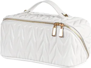 Cosmetic Makeup Bag, Large Capacity Travel Toiletry Bag for Women, Leather Waterproof Portable Wide-Open Pouch Flat Makeup Organizer, White Make Up Bag with Divider and Handle