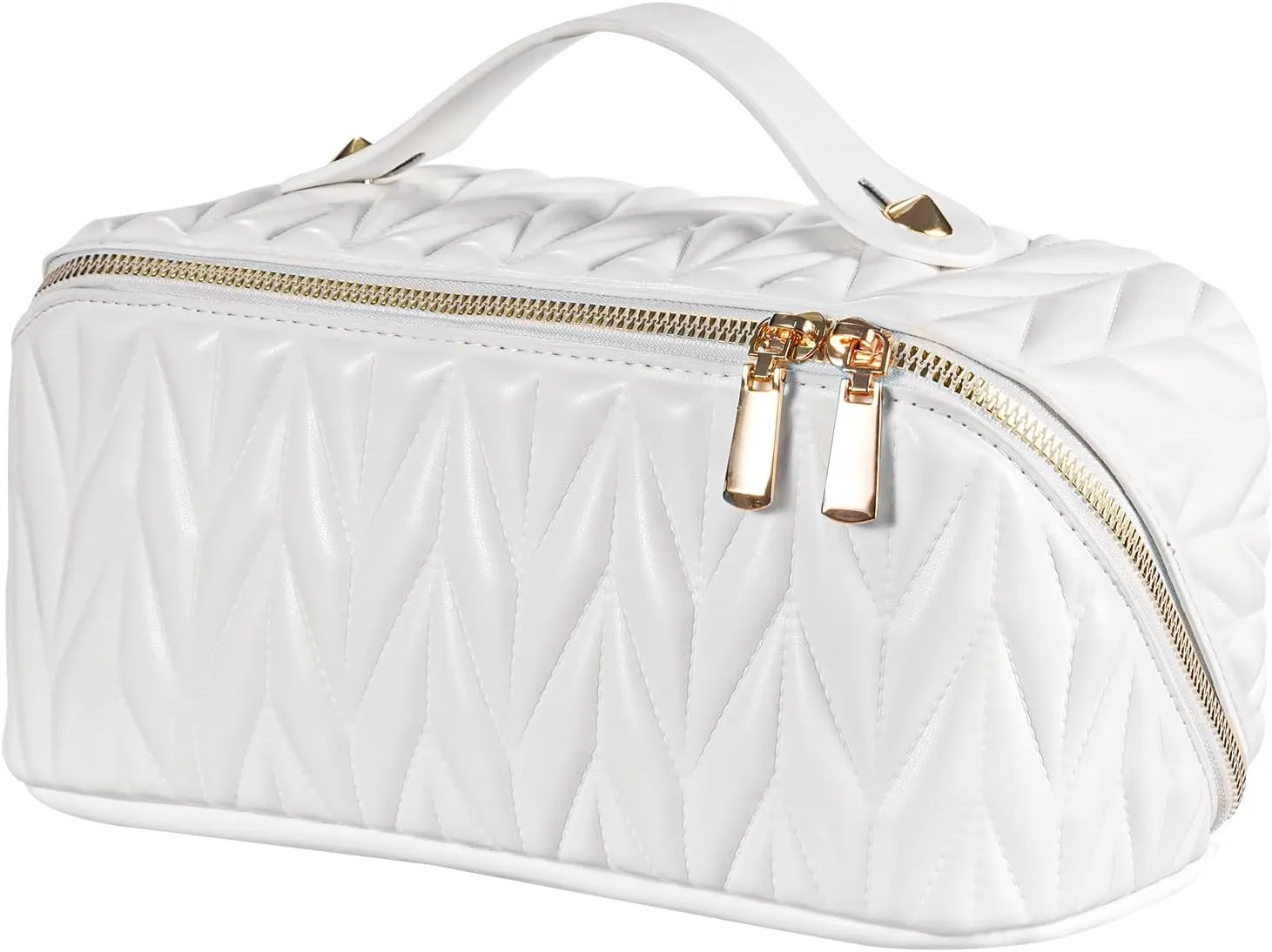 Cosmetic Makeup Bag, Large Capacity Travel Toiletry Bag for Women, Leather Waterproof Portable Wide-Open Pouch Flat Makeup Organizer, White Make Up Bag with Divider and Handle